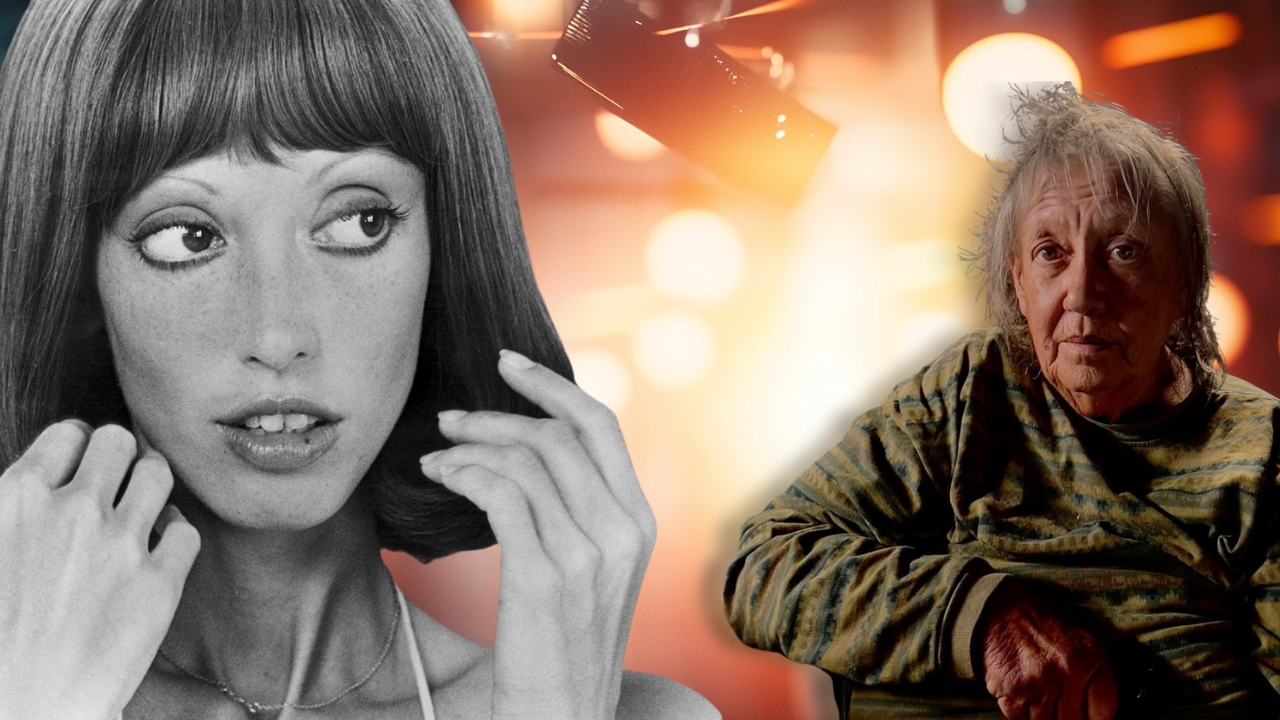 split image of Shelley Duvall, featuring her as a young actress on the left and as an older woman on the right, surrounded by a vibrant background