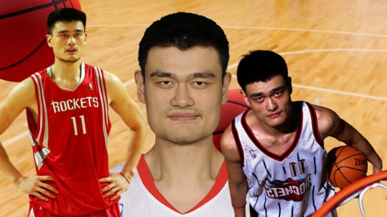 A collage of Yao Ming in various poses as a basketball player for the Houston Rockets, with a basketball court background